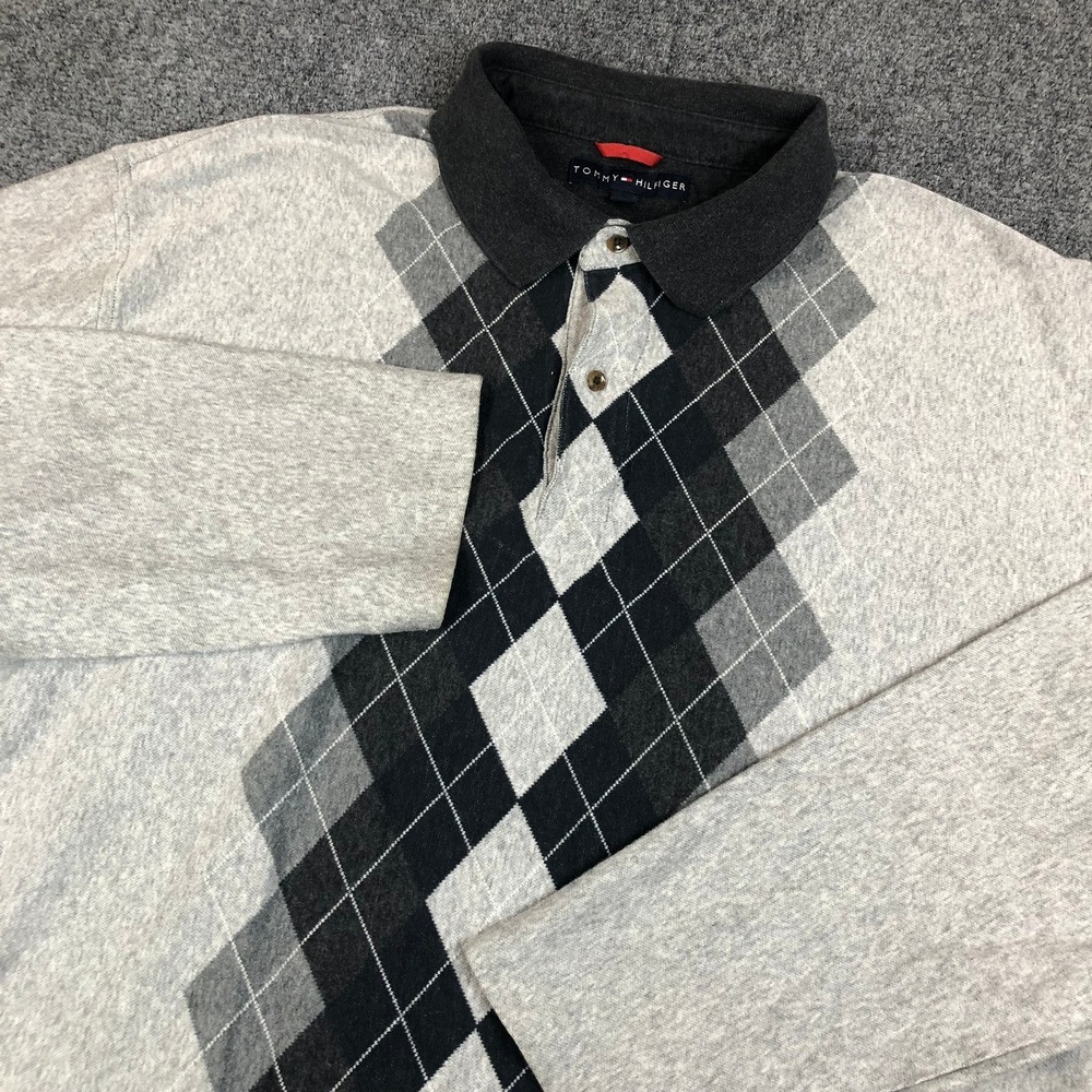 Tommy Hilfiger Mens Size XL Long‎ Sleeve Argyle Polo Shirt Grey Black Pullover